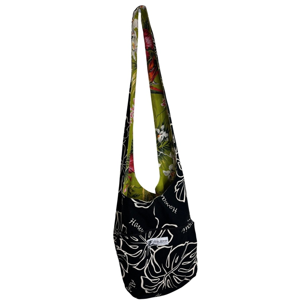 Local Design Hawaii Reversible Hobo Bag Monstera Floral Tropical Crossbody Black